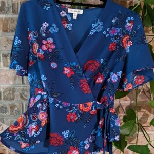 Gorgeous blue floral wrap peplum blouse